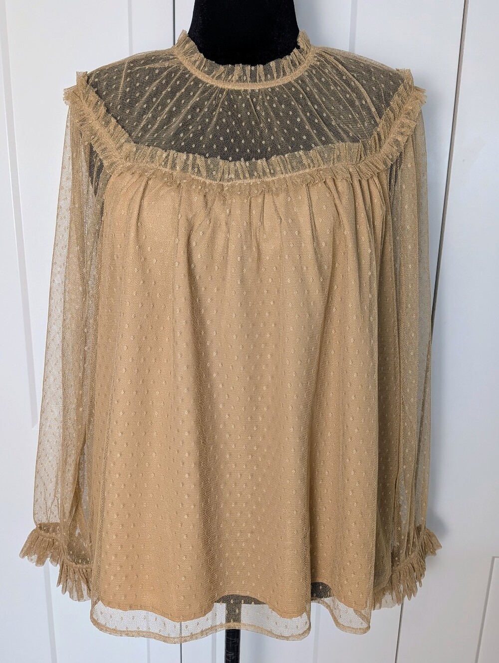 J.CREW Womens Sheer Lace Polka Dot Ruffle Long Sleeve Button Blouse 2XL Beige
